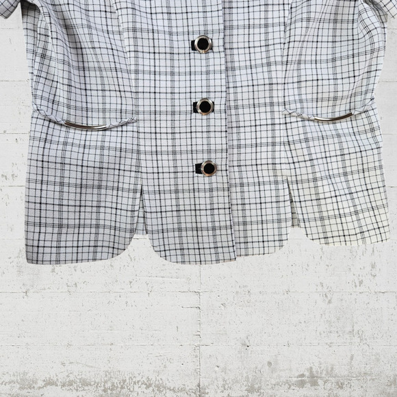 90s Vintage White Black Graph Check Short Sleeve Button Down Blazer Size 8P - Picture 3 of 8